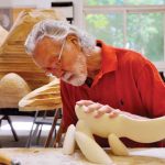 A prolific life. At almost 80 years of age, Wendell Castle’s production is still substantial. Here he works out the details for one of his recent stacked laminate pieces.