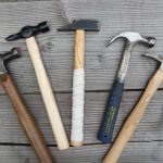 Woodworking hammers. From left to right: Medium weight claw head, Warrington, French/German, two of my lightweight claw hammers