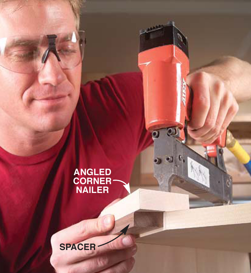 applying the cove molding. Start with the angled corner nailer. Use a