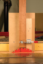 Start low and move up. Set the height of the saw blade to the shoulder line by sighting from the edge of the table. Make sure that one tooth is at top dead center, and make your initial setting slightly lower than you think you should. It will be easier to move up after a test cut than it would be to move down.