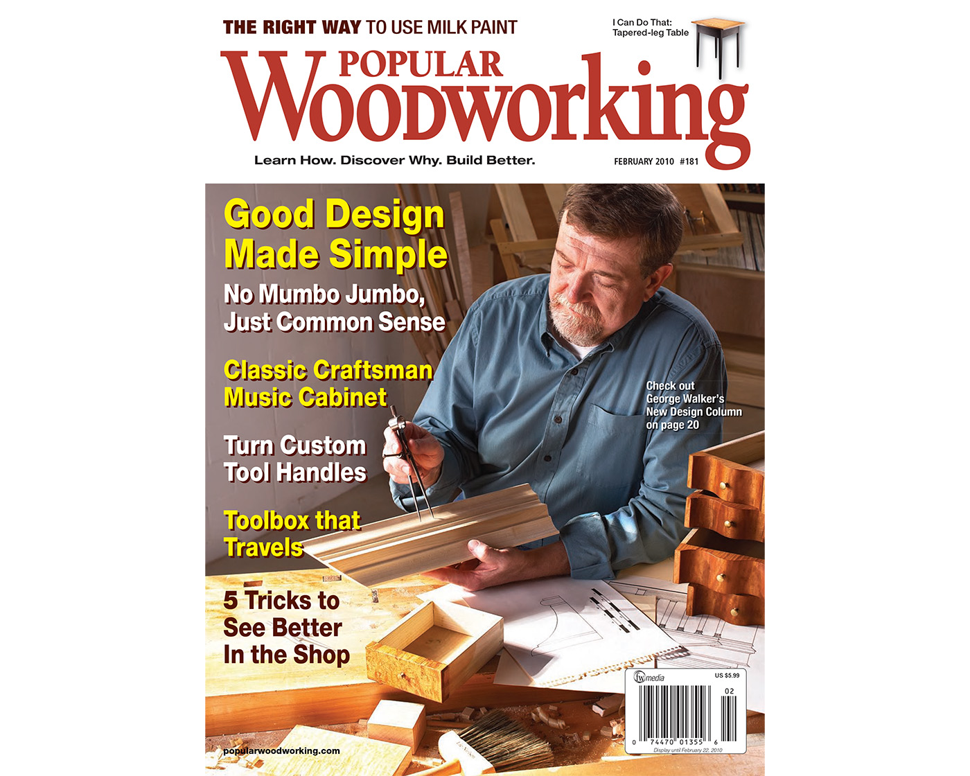 Online Extras for the February 2010 issue include the Stickley Music Cabinet 3D SketchUp Model, a video of the Star Tools Marking Gauge in action, and step-by-step instruction on creating a painted a trompe l’oeil “inlay.”