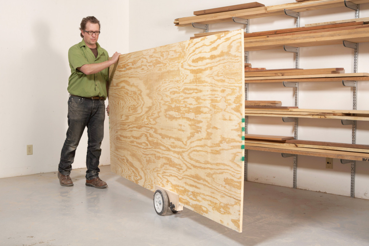 Carrying plywood by yourself is a pain. This caddy allows you to roll it around instead. Just clamp this caddy to the board’s edge, tip the sheet down onto the wheels and off you go.