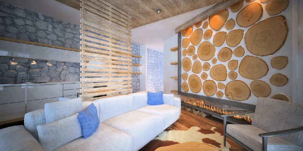 3d rendered image of a mountain interior with fireplace, logs wall, wooden curtain wall, and dinninh table behind