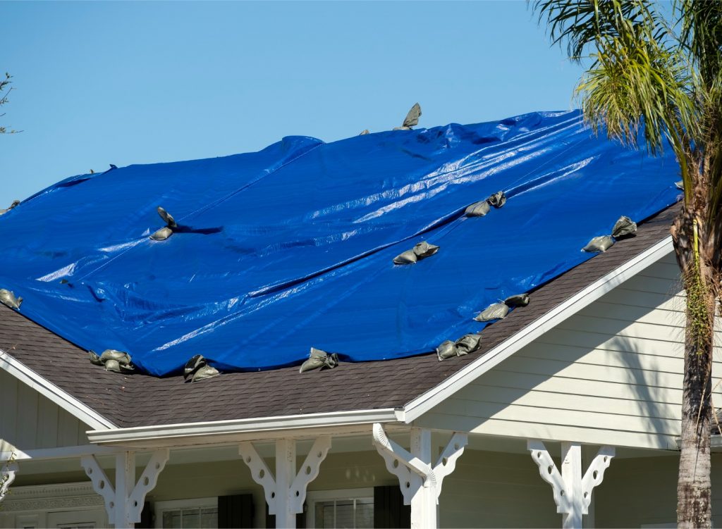 Blue tarp on a home's roof