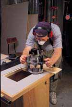 Routing the Plate Opening: A good way to get a parallel and square opening is to use the saw fence as a guide for two of the cuts. Measure the offset from the edge of the router base to the side of the spiral bit and use this in setting the fence for each cut, parallel to the fence. Clamp a square piece of wood in place as a guide for the sides of the opening, perpendicular to the saw fence. Next form the rabbet that holds the insert in place by using the same procedure and bit you used to cut the opening