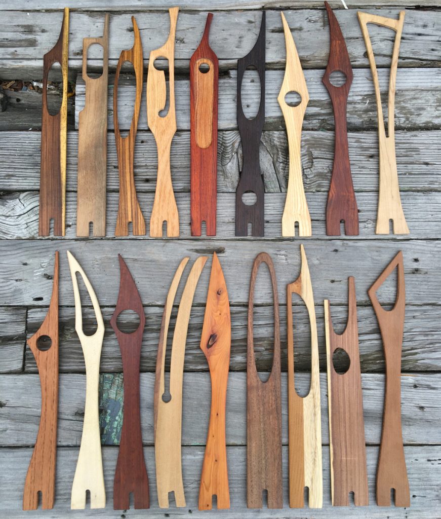 My current favorite daxophone tongues, tried and true in countless performances. Top row L to R, rosewood (this one is from 2005!), black walnut, zebrawood, red oak, cocobolo/pine, wenge, ash, cocobolo, maple, Spanish cedar, box elder, snakewood, walnut/sassafras/cherry, yew, claro walnut, mulberry/hackberry, rosewood, redwood.