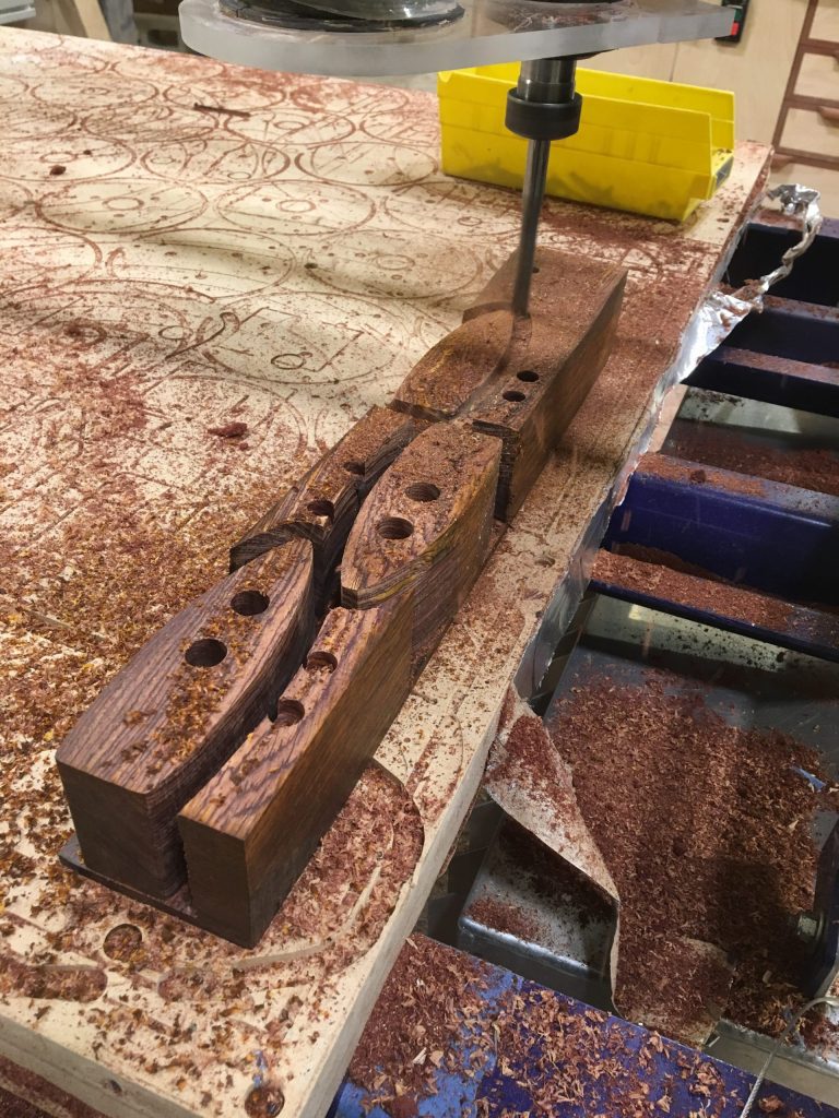 It isn’t pretty, and there’s a wide kerf—but this is a very precise way to do this operation. The dax may look somewhat basic or plain, but since every note hangs on this little block of wood, I don’t mind the sacrifice for precision. I measured out four daxes on this chunk of cocobolo, and I couldn’t have squeezed a fifth onto the chunk!