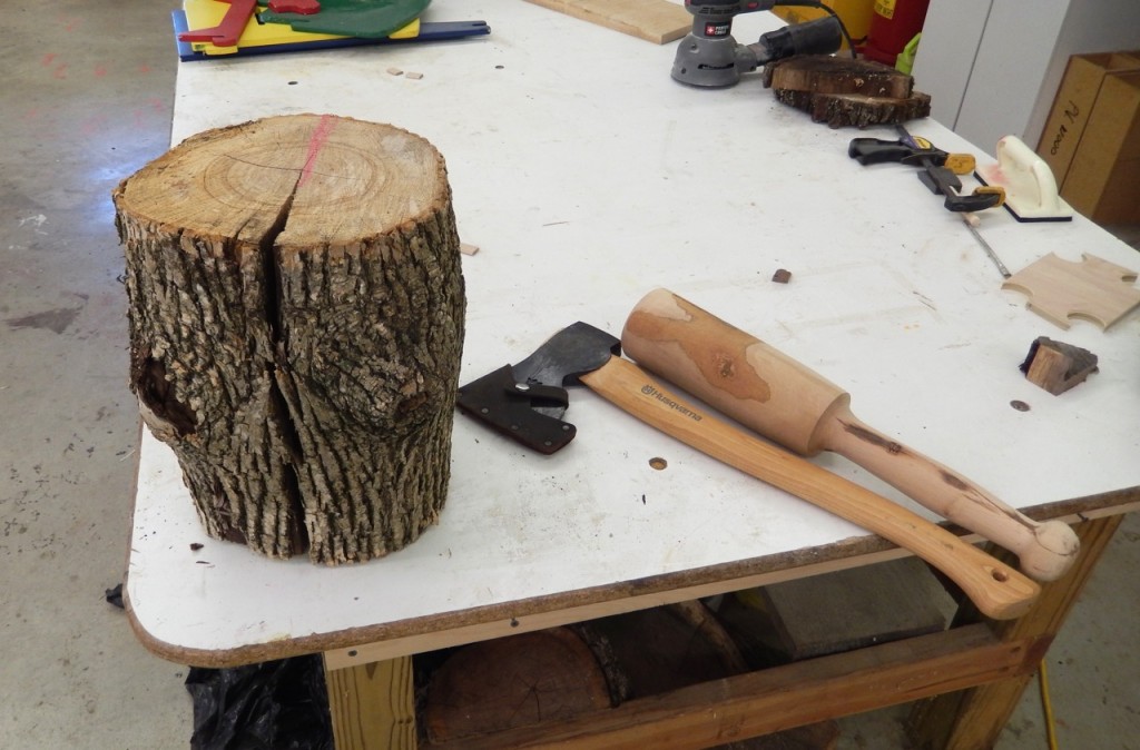 The ash log, my carpenters axe and my new froe mallet 