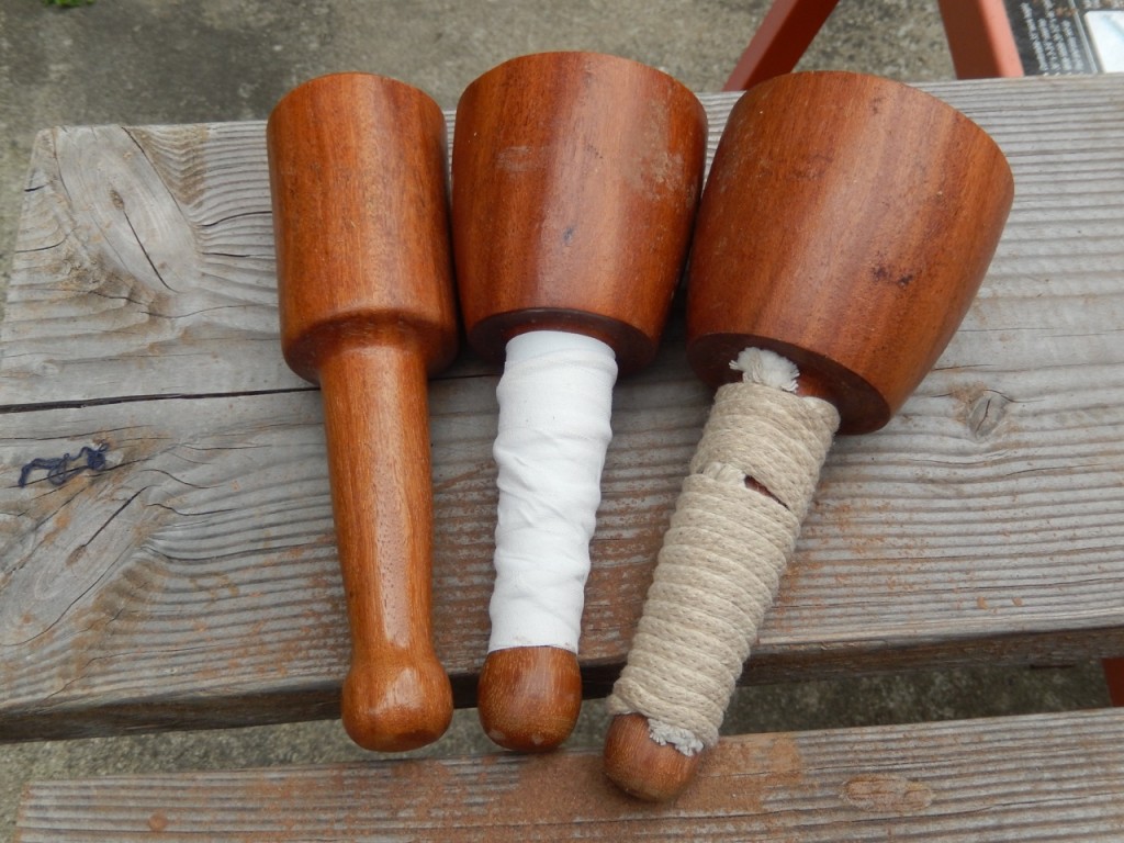 My three William Alden mallets. From right to left: Untreated handle, handled wrapped with a hockey tape, biffed up handle using a Common Whipping technique.