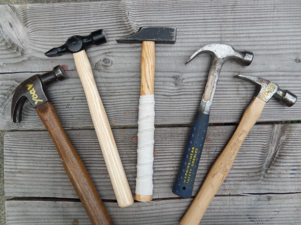 Woodworking hammers. From left to right: Medium weight claw head, Warrington, French/German, two of my lightweight claw hammers 