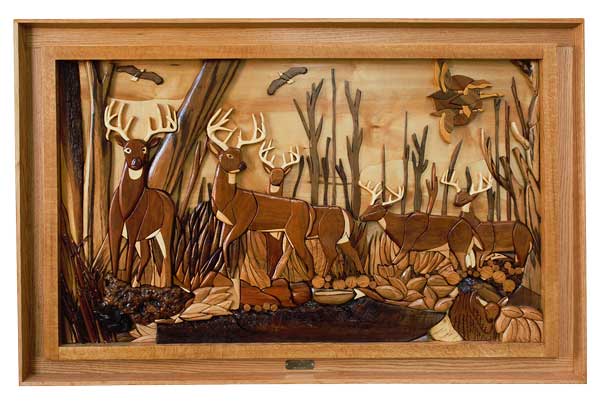 Tom Kaldunski's "Whitetail Woodlands’ intarsia is the Readers' Choice winner in Turnings, Carvings & Objets d’Art.