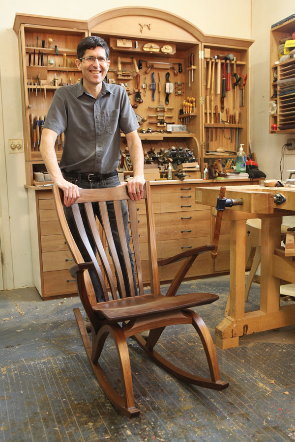 All kinds of music. Jeff Miller embraces street music and chamber music. Traditional design and modern curves. Hand tools and modern machinery. The results speak for themselves, as shown here in this walnut rocker he recently designed and built.