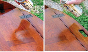     For lacquer finishes, spraying a light mist of “blush” eliminator (butyl Cellosolve) is very effective for removing light water damage. My friend took his table out of his vehicle and set it on the grass. Within a minute or two I had removed the white mark with my “magic” aerosol.
