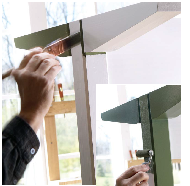 When painting wood furniture, trim the corners with a small brush and feather the edges of the paint line. Then, roll paint over the flat surface of the same piece, making sure to first pick up the wet edge you just painted with the brush. This will help you avoid unsightly lap lines to produce a professional-looking finish.