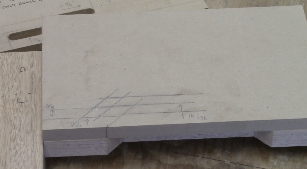 4. Align a ruler to the 45 degree angle line, make ticks marks ½” up and another 3/8” above that and connect them with your square and intersect them with your lower lines set at 45 degrees