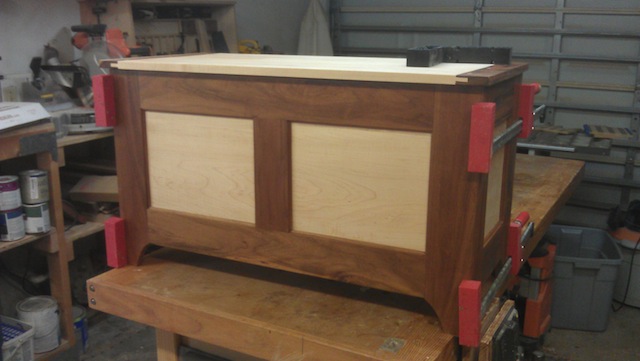 Overview of the completed hope chest. Dimensions are 2’ high, 3’ wide and 20” deep.