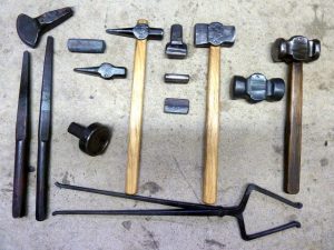A full range of basic blacksmithing tools at Brian Brazeal's shop.