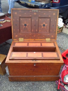 Beautiful tool chest from 1849 with extensive inlay work, divided tills and half lock. The maker of this chest clearly must have loved card games.